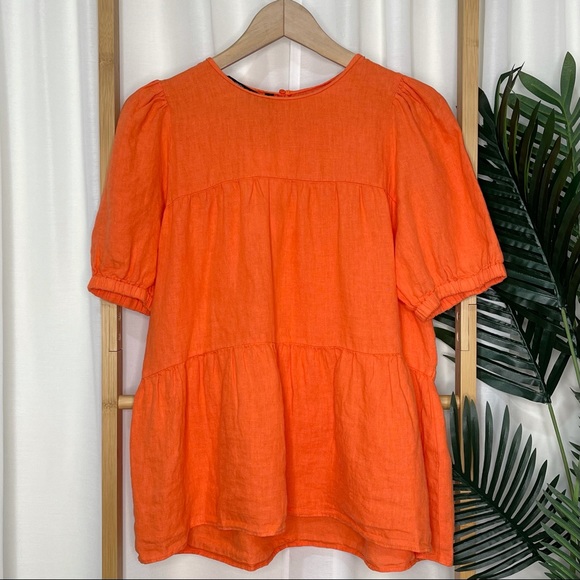 Zara Orange Linen Smock Top Blouse M - Picture 2 of 9